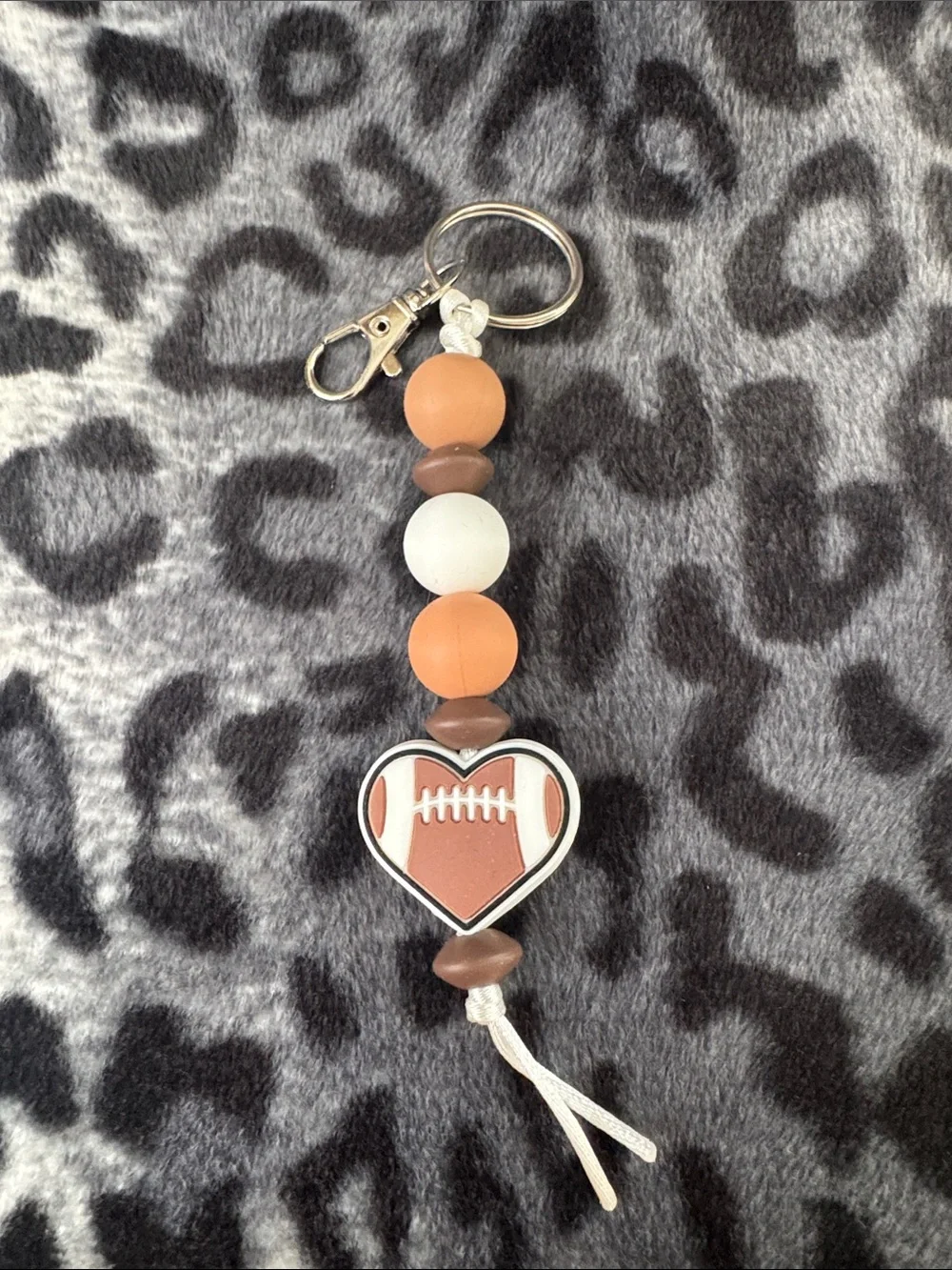 Silicone Beaded Football Heart Keychain - Brown & White